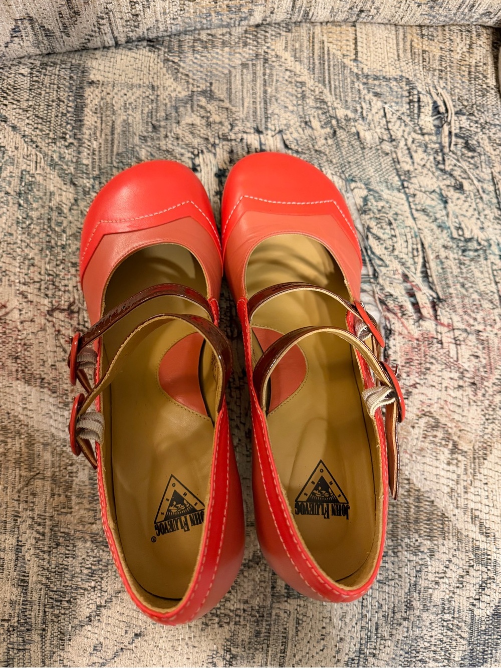 John Fluevog Coral-Red Mary Jane Leather Flats